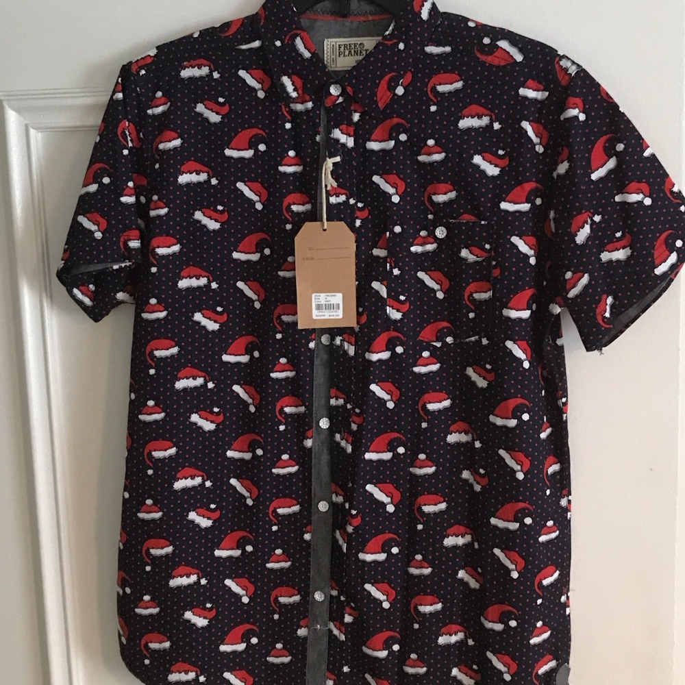 Free Planet Black Shirt with Red Santa Hat Pattern